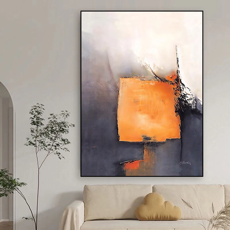 

100% Hand Drawn Nordic Orange Atmospheric Abstract Oil Painting On Canvas For Home Living Room Background Decor