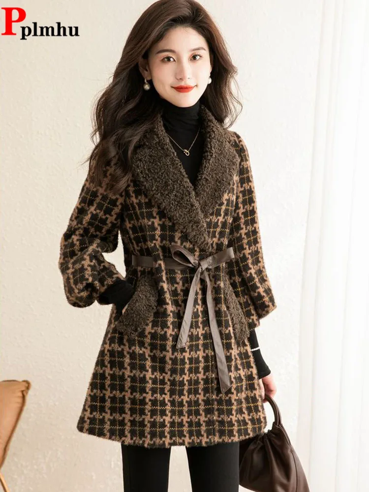 

Warm Thickened Plaid Fleece Coat Belt Women's Casual V-neck Baggy New Overcoat Lapel Loose Fashion Korean Vintage Outerwear
