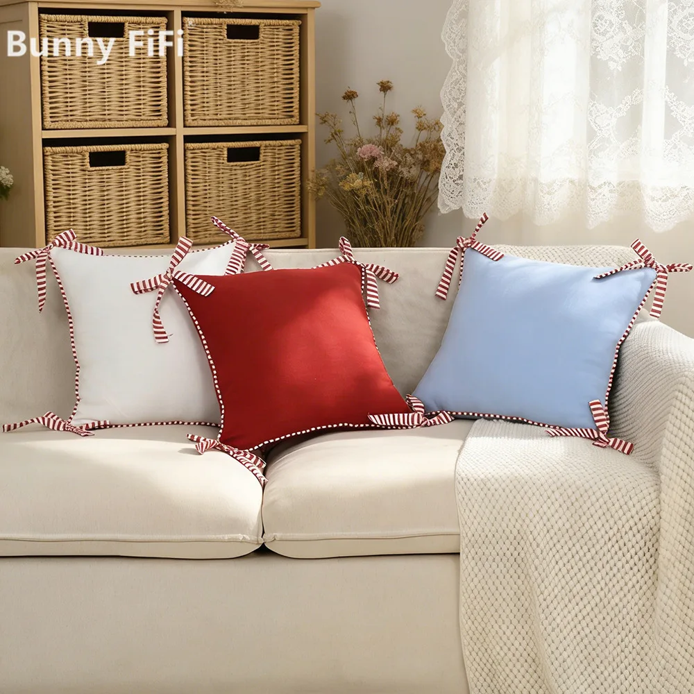 Boho Bow-knot Corded Edge Cushion Covers Cotton Linen Velvet Soft Decorative Throw Pillow Cases For Living Room Sofa Bed Decor