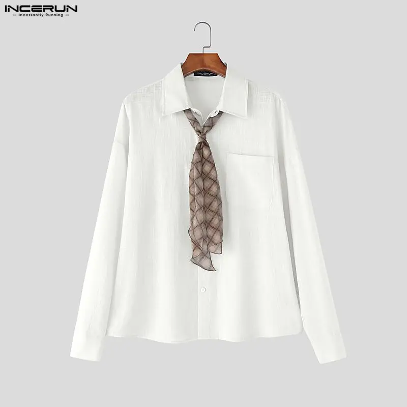 

INCERUN Мужская рубашка Сплошной цвет с лацканами и длинным рукавом Мужская одежда Клетчатый шарф Уличная одежда Свободные хлопковые модные повседневные топы Мужские рубашки