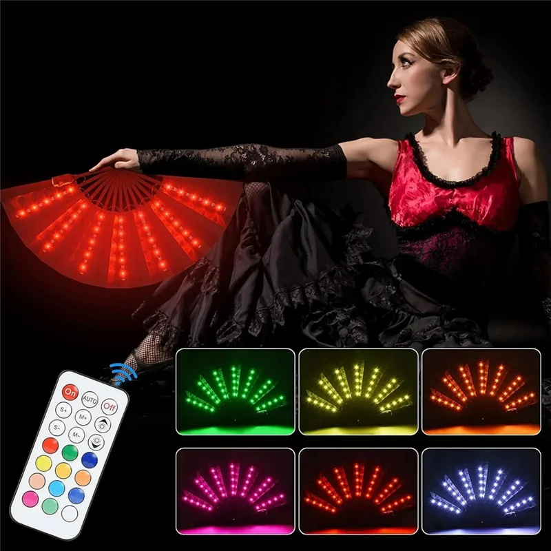

AB35-LED Glowing Colorful Chinese Hand Held Folding Fan With Remote Control Stage Performance Show Light Up Fan
