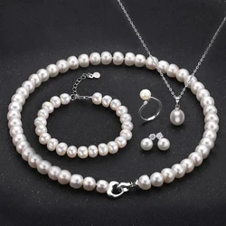 Fashion Wedding Pearl Jewelry Set Natural Freshwater Pearl Necklace Earrings 925 Sterling Silver Jewelry Set For Women