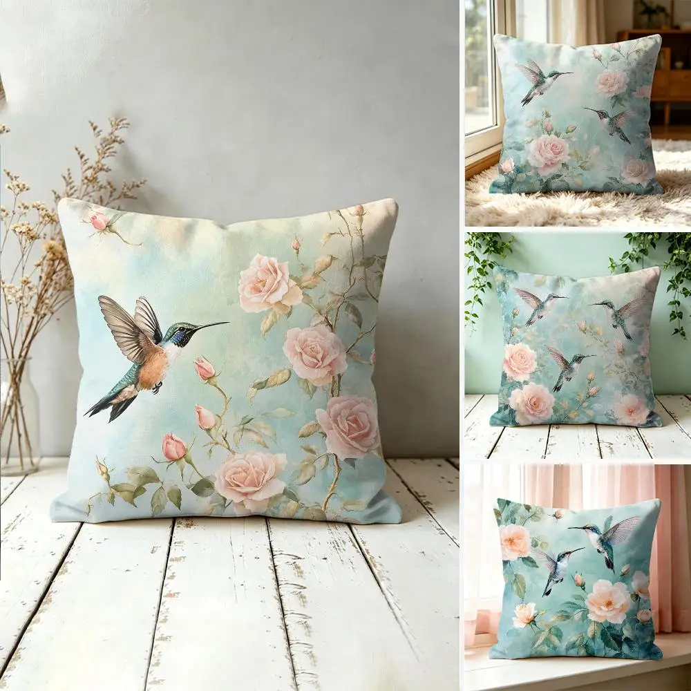 Hummingbirds & Roses Cushion Cover Silky Short Plush Invisible Zipper Dustproof Sofa Pillow Case For Home Decor
