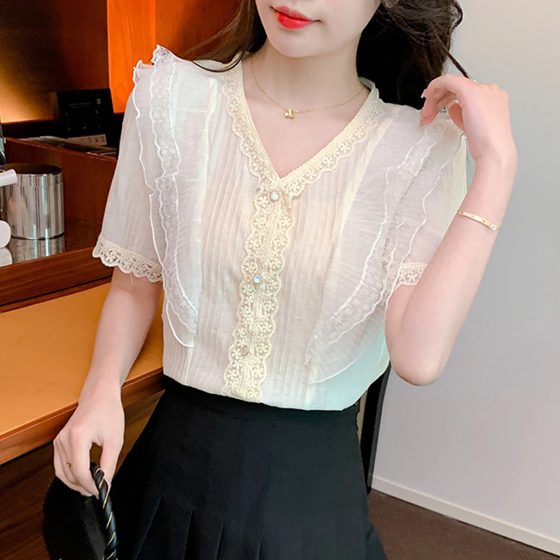 Summer Ruffles Lace V-Neck Chiffon Blouse Women Tops Blusas Mujer De Moda 2024 Verano New Short Sleeve Womem Blouse Shirt G873