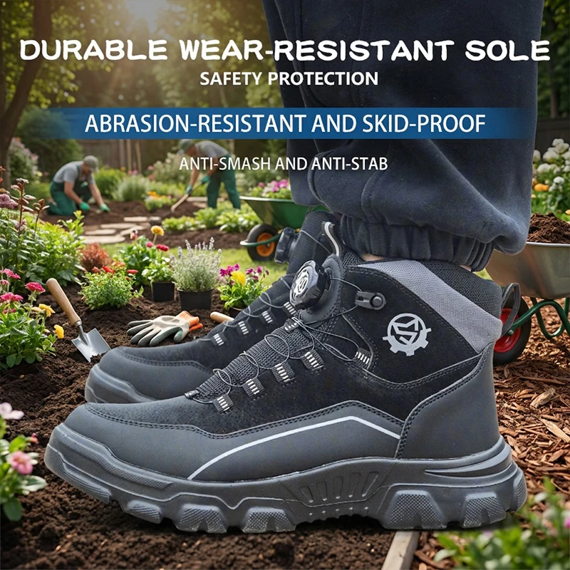 Lightweight High Top Rotary Knob Waterproof Safety Shoes Anti-smash Anti-puncture Steel Toe Work Boots For Port Cargo Handling