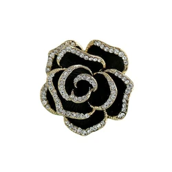 Retro Shiny Zircon Camellia Flower Brooch Pins for Women Black Rose Flowers Cardigan Coat Corsage Lapel Pin Clothing Jewelry