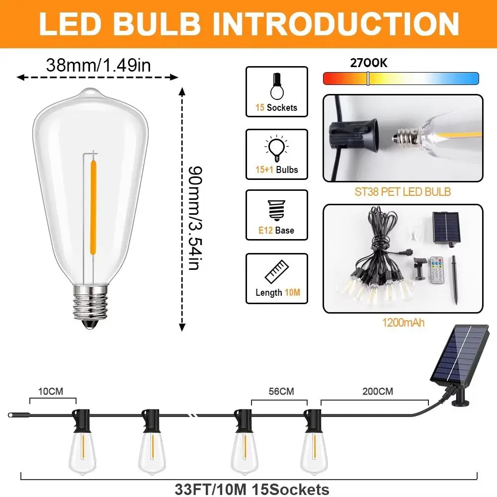 Dimmable LED Outdoor Patio Lights Shatterproof 7.6/10M Christmas LED String Lights with Remote Control Warm White