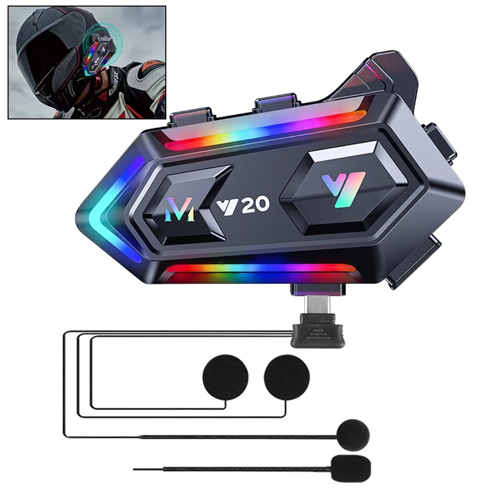 Wireless Motobike Hands-free Stereo BT 5.3 Headset Headphone Y20 RGB Colorful Lights Earphone Motorcycle Helmet 1000mAh