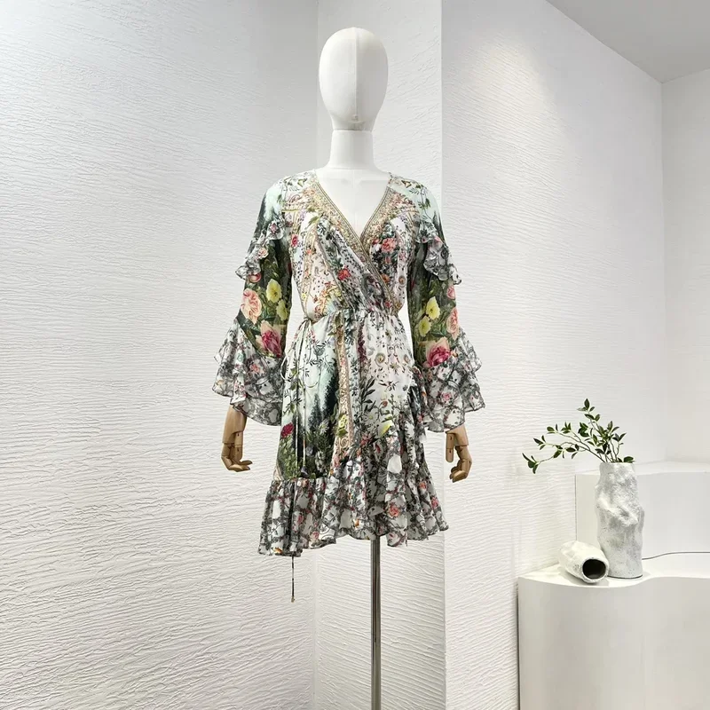 2024 new high quality silk green floral print long sleeve backless women wrap mini dress