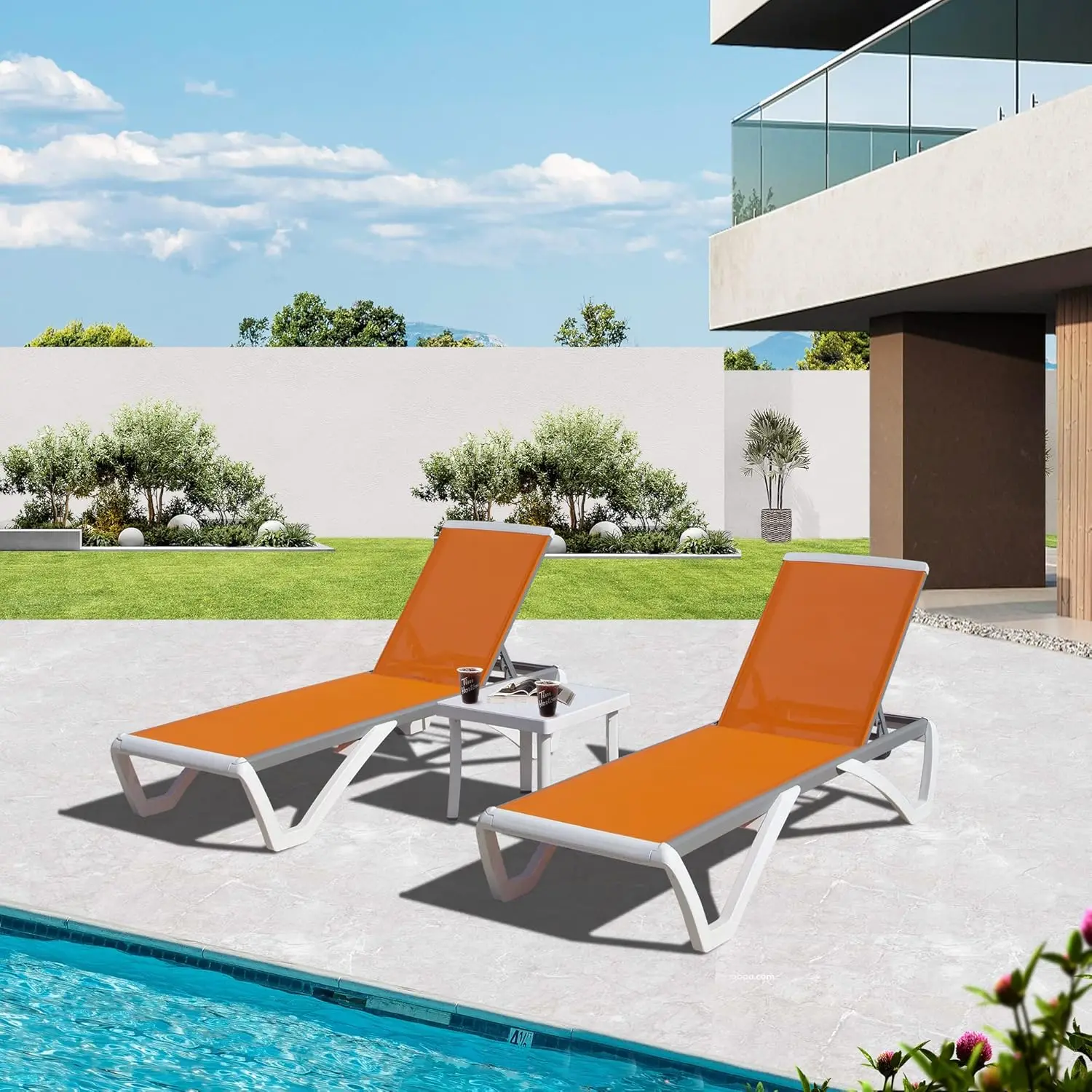 Lounge Chairs Set of 3, Aluminum Lounge Chairs for Outside with 5 Position Adjustable Backrest, Including 2 Outdoor