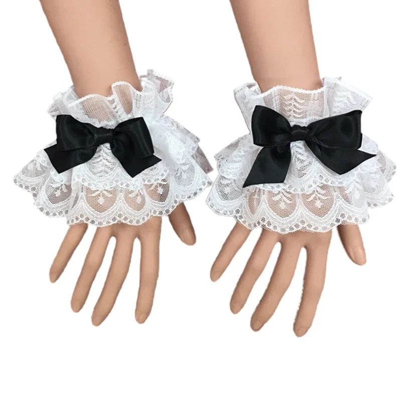 Women Lolita Hand Sleeve Wrist Cuffs Ruffled Lace Bowknot Maid Cosplay Bracelet