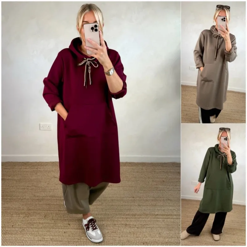 Autumn Winter New Women's Loose Plus Size Knitted Solid Color Hooded Long Dress Sweatshirt Casual Fashion Large Pocket Frock