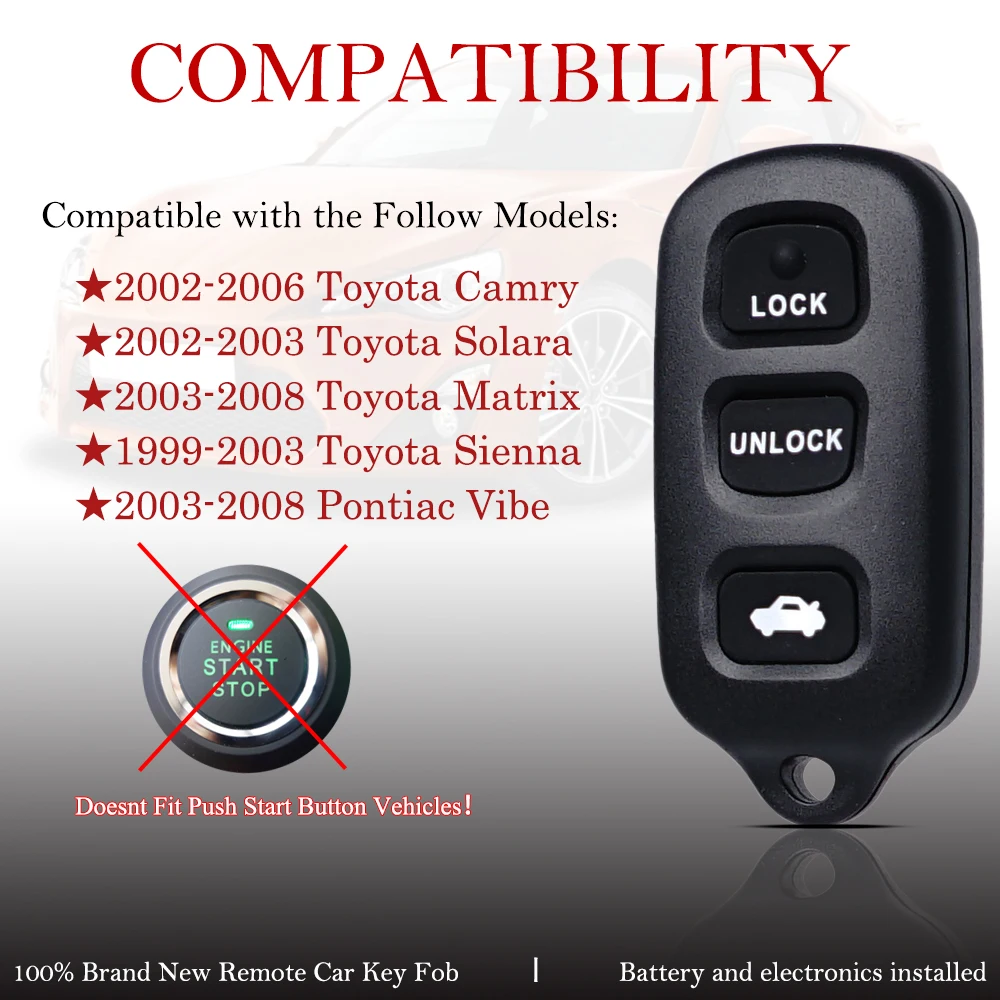 2 pcs For 2002 2003 2004 2005 2006 Toyota Camry Pontiac Vibe Car Remote Keyless Entry Key Fob GQ43VT14T