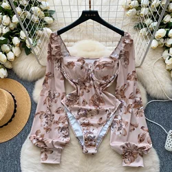 Women Hotsweet Print Vintage Bodysuit Chic Square Neck Basics Long Puff Sleeve Jumpsuits Slim Top Rompers Sexy Autumn Clothing