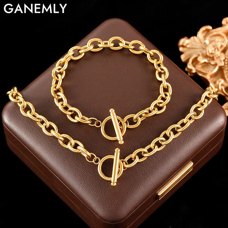 GANEMLY 316L Stainless Steel Metal Cuban Chain Necklace Bracelets Waterproof Jewelry Set Metalic OT Clasp Chain Trendy Lady Gift