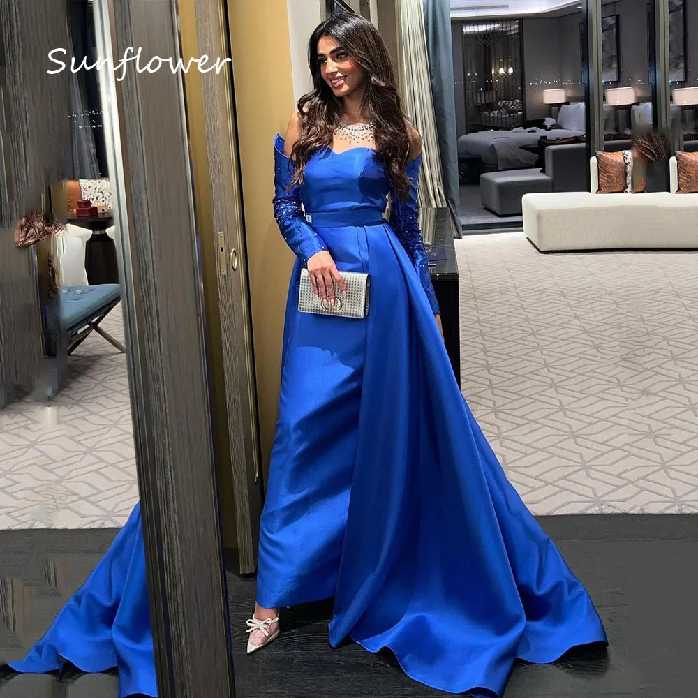 

Sunflower Blue Sweetheart Mermaid Formal Evening Dress Saudi Arabia 2024 Slim Beading Long Sleeve Floor-Length Prom Dress