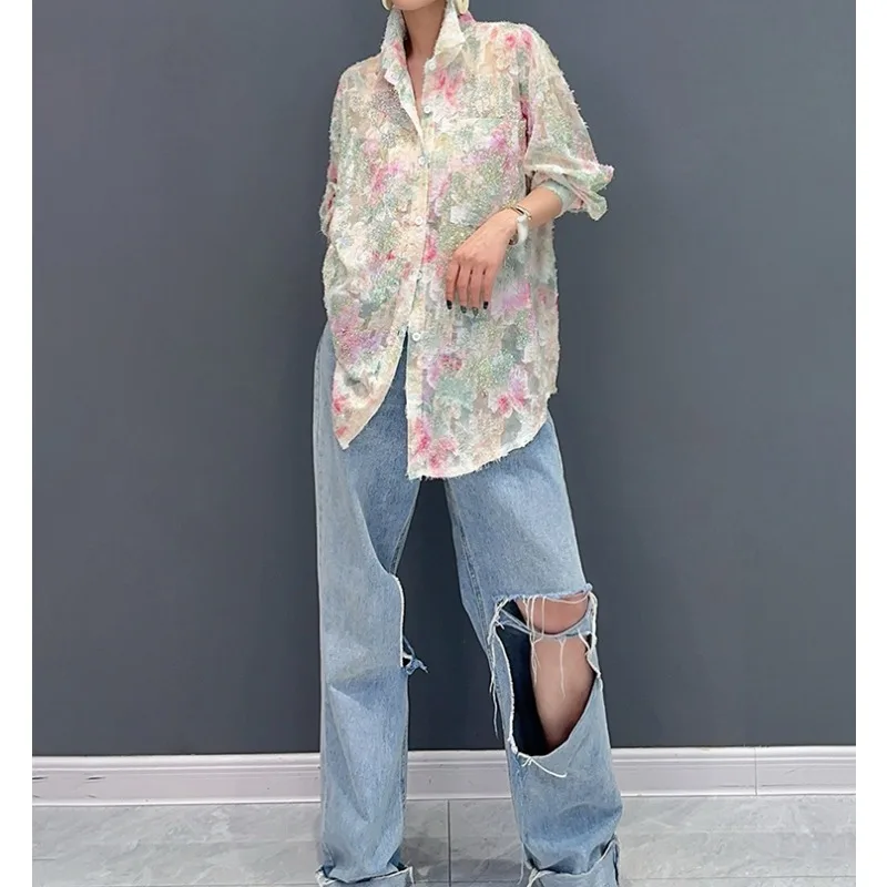 2024 summer new butterfly color block fashion beach all-match blouse single casual large blouse for women