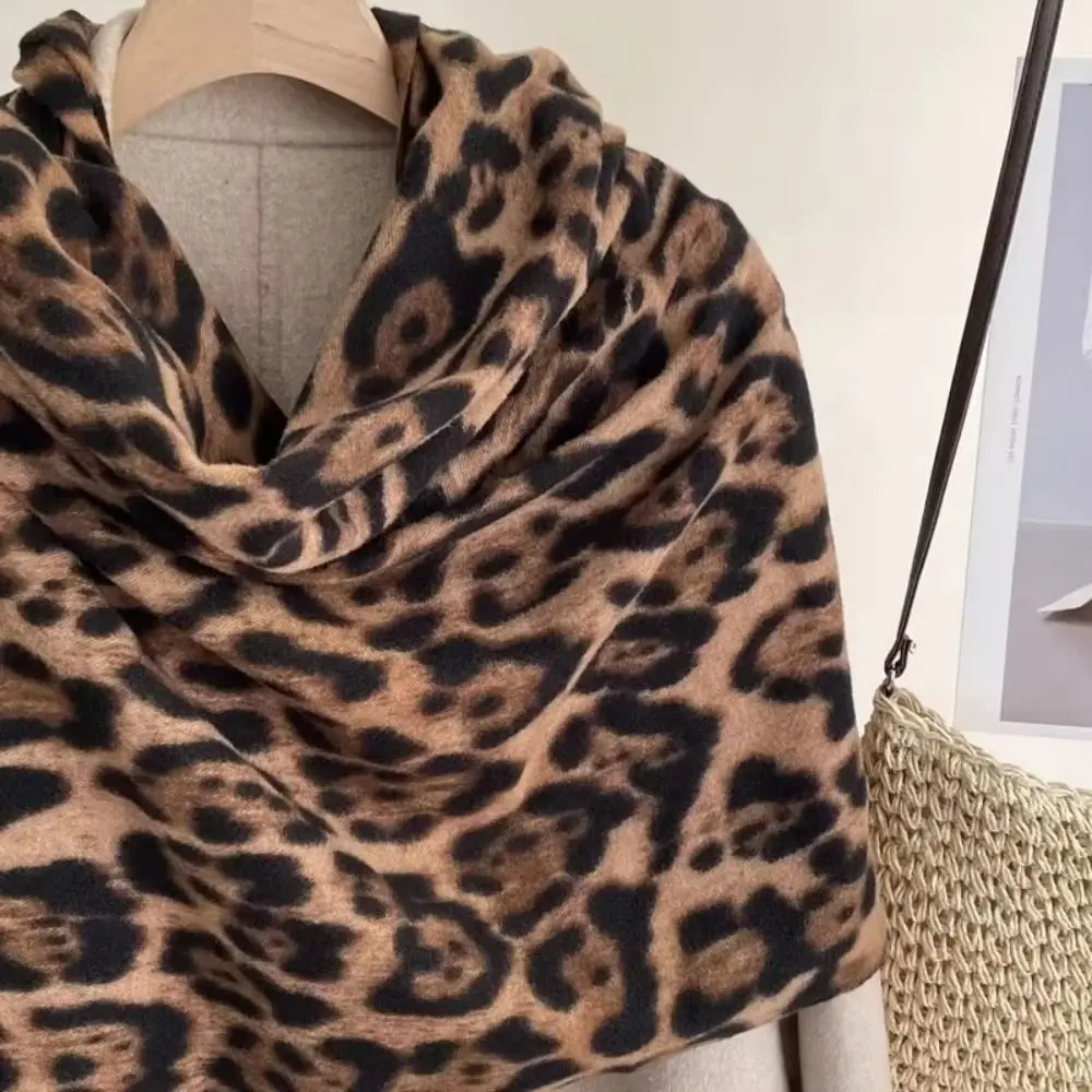 Soft Fleece Leopard Print Scarf Tassel Neck Warmer Cashmere Feel Scarf Windproof Thick Winter Shawl Wrap Holiday Gift