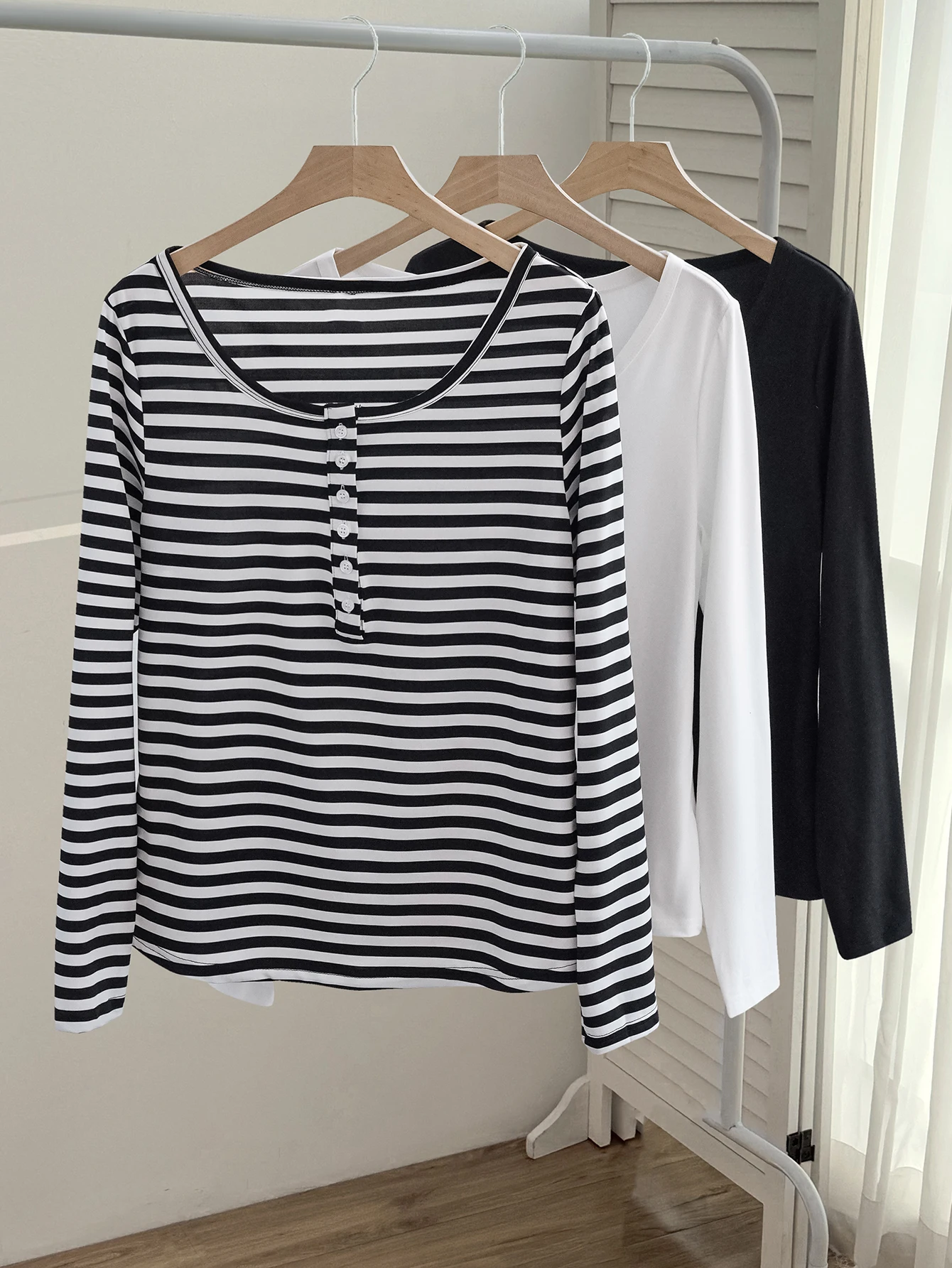

3PC women's plus size casual elegant comfortable striped solid color button round neck long sleeved top three piece set