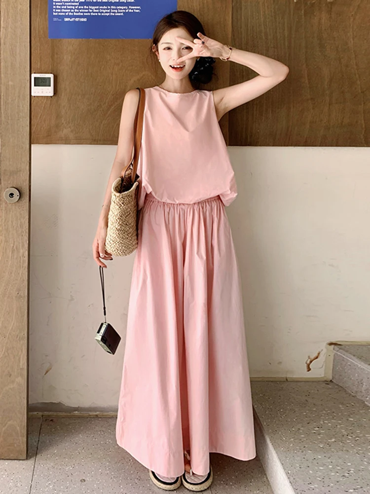 LANMREM Sweet Solid Color Two-piece Set For Women O-neck Sleeveless Tops With Casual Skirt 2024 Summer New Clothing 2Z1344