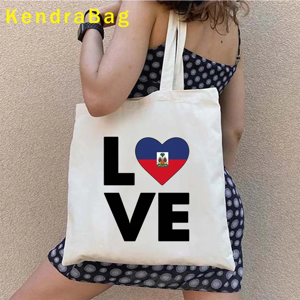 Haitian Girl Gift Arms of Haiti Country Map Flag Heritage Woman Love Heart Sunset Shopper Canvas Totes Bag Eco Shopping Handbags