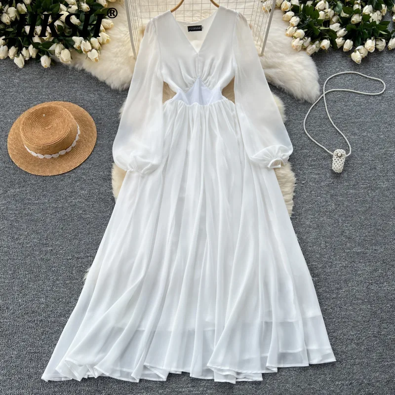 

HKSH Summer New Women's Chic French Fairy-like Elegant Temperament V-neck Lantern Long Sleeve Waist Cinching Long Dresses HK5712