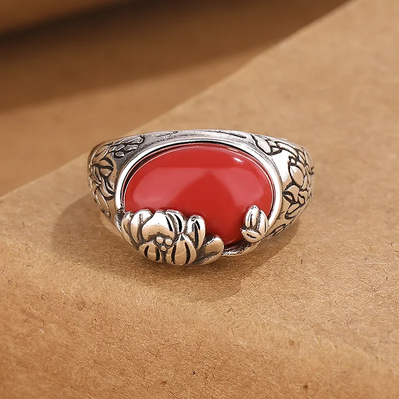 Buddhastone Retro South Red Lotus Ring Female Personality Opening Adjustable Ring Temperament All-match Fashion Jewelry