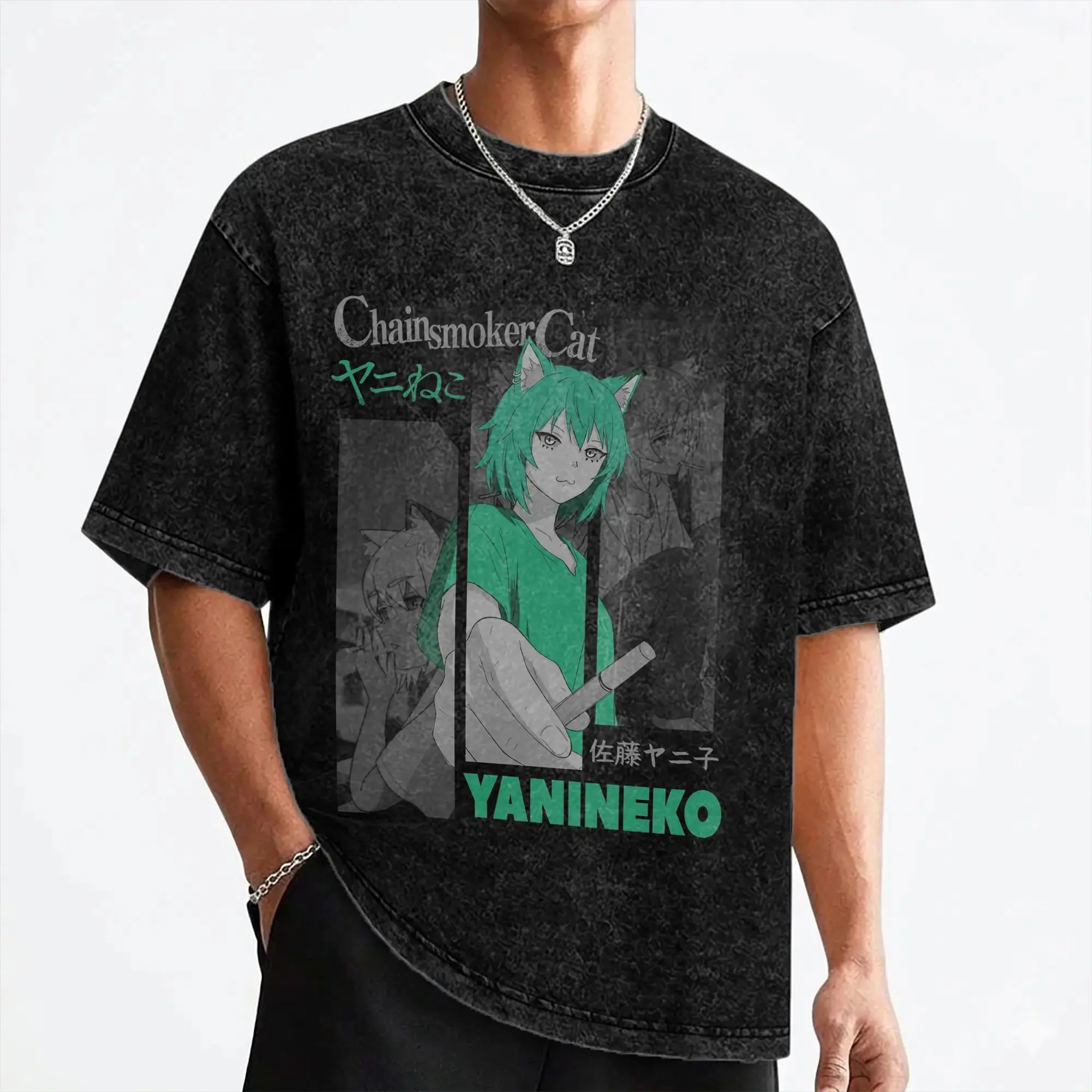 Chainsmoker Cat Yani Neko Anime T Shirt Washed 100% Cotton Oversize T-Shirt  Vintage for Men Women Streetwear Summer Tee Shirt