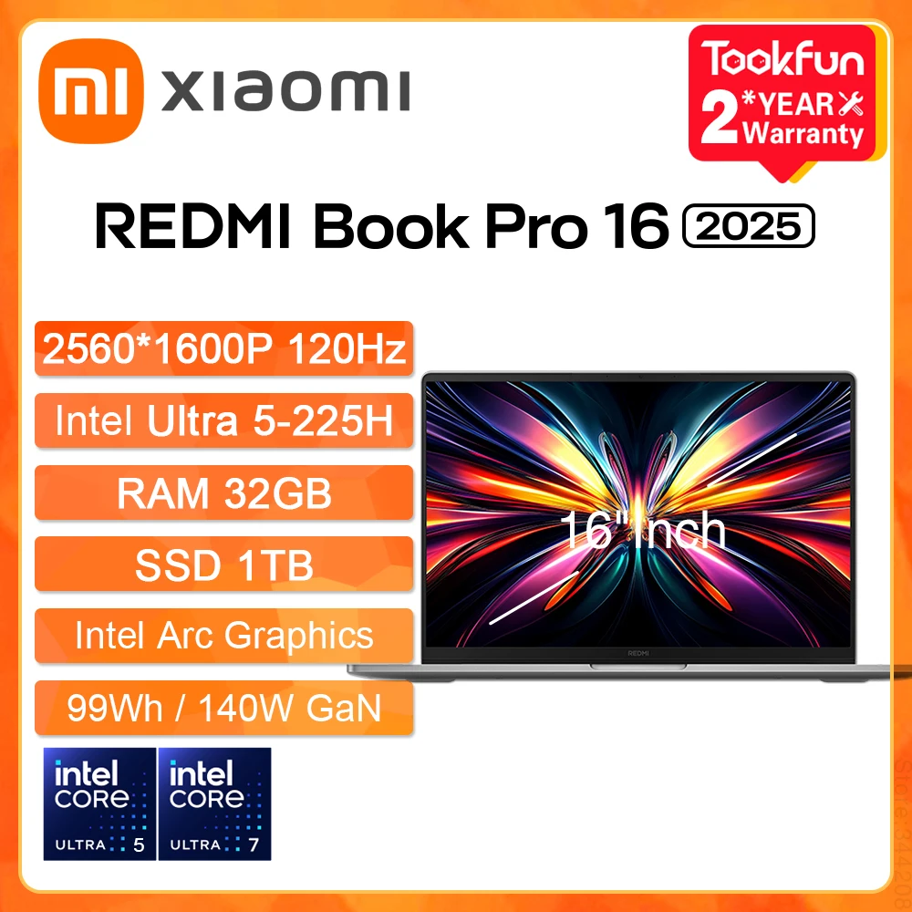Ноутбук XIAOMI 2025 Redmi Book Pro 16 Intel 16 дюймов 3,1 К 165 Гц Ultra5 225H 7 255 ГБ ОЗУ 32 ГБ SSD 1 ТБ ноутбук ультрабук компьютер ПК