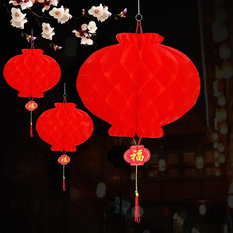 Traditional Chinese Spring Festival Lanterns Reusable Red Honeycomb Plastic Lantern New Year Wedding Wall Home Pendant Decors