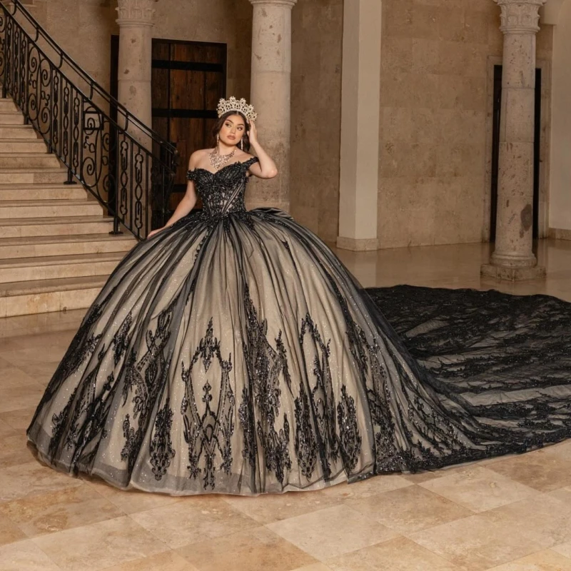 

Black Shiny Quinceanera Dresses Off The Shoulder Sequin Applique Beading Crystal Bow Tull Party Birthday Sweet 16 Dress Vestidos
