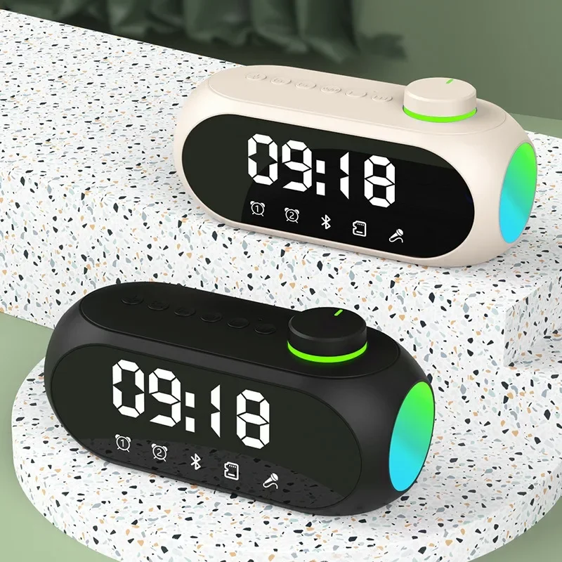 Altavoz pequeño con Bluetooth, luz nocturna, Subwoofer, Mini Reloj portátil, alarma para el hogar, altavoz de escritorio