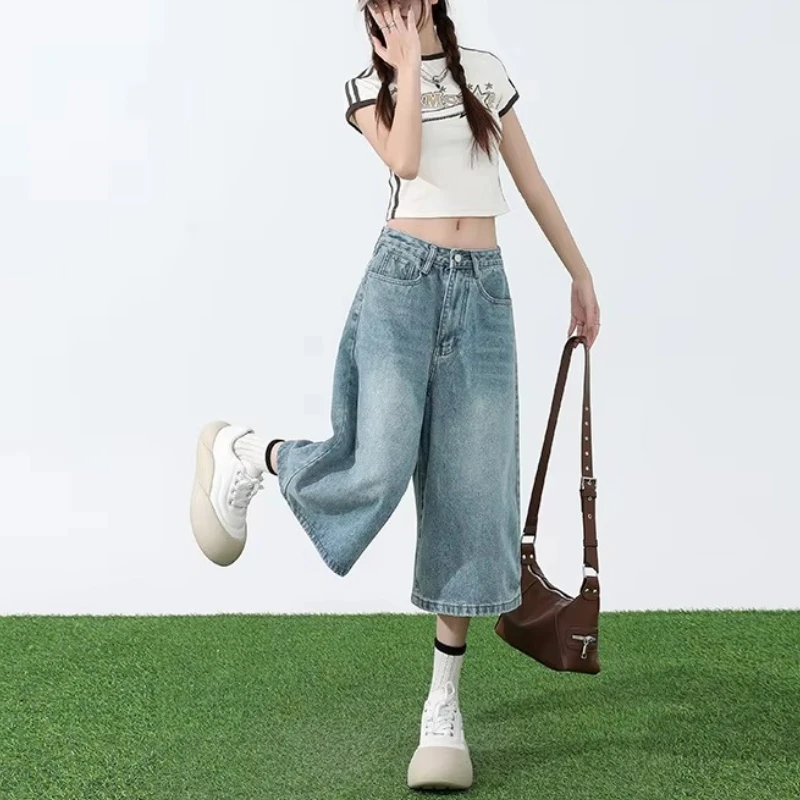 

брюки женские Женские джинсы Широкие капри Брюки Джинсы Брюки с высокой талией Y2K Летние прямые джинсы Новые женские ретро-модные средние брюки в стиле хип-хоп