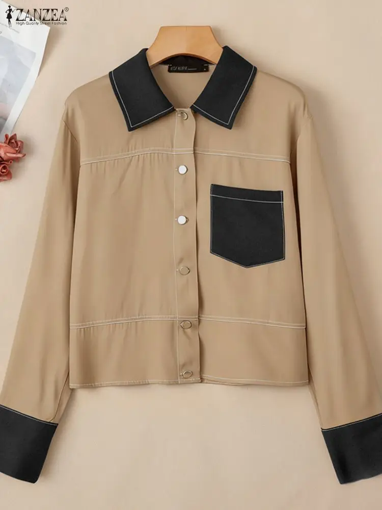 

2025 ZANZEA Autumn Elegant Lapel Long Sleeve Shirt Women Blouses Patchwork Thin Coats Oversize Outwears Fake Denim Blue Cardigan