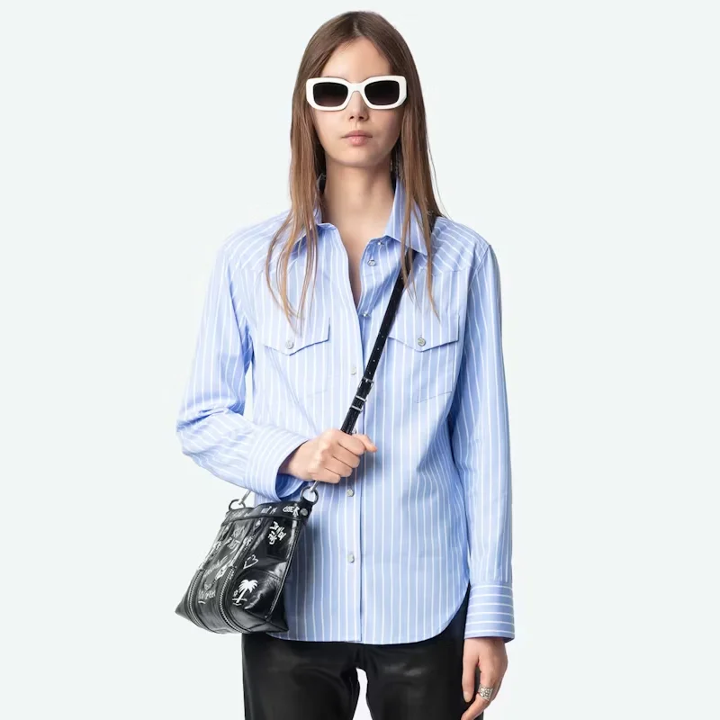 Zadig Striped Shirt Female Diamond Button Shirts Women Casual Cotton Lapel Tops Lady Pocket Blouse New Blue White Striped Shirt