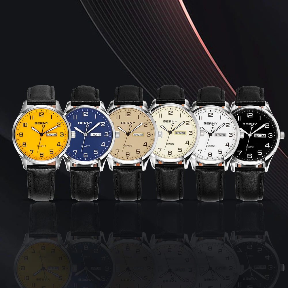 BERNY Classic Quartz Watch for Men MIYOTA 2105 Business Fashion Male Wristwatch Date Genuine Leather Men Watches Waterproof