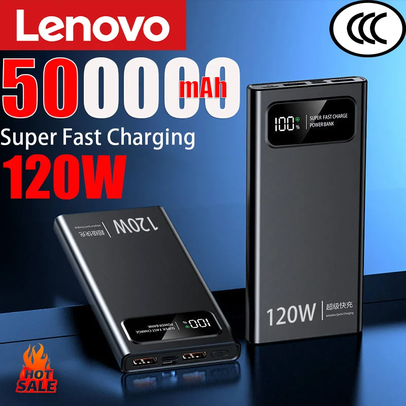Lenovo 500000mAh 120W Power Bank Super Fast Charging Battery High Capacity Digital Display Power Bank For iPhone Samsung Huawei