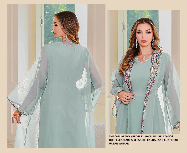 Muslimisches zweiteiliges Kleid, orientalische Kleidung, besticktes Netz, langes Kleid, Abaya, elegante Damenrobe