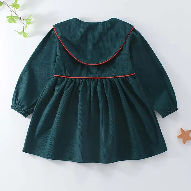 DAYIFUN Girls Corduroy Dress Lovely Solid Loose Long Sleeved Frock Doll Collar Buttons Elegent Daily Leisure Dark Green Dresses