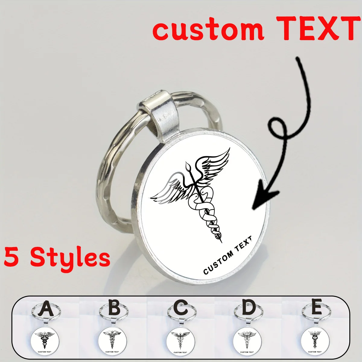Porte-clés Caducée personnalisé avec nom gravé, symbole médical en alliage de zinc, pendentif en verre bombé au style amusant, symbole de sagesse et de paix
