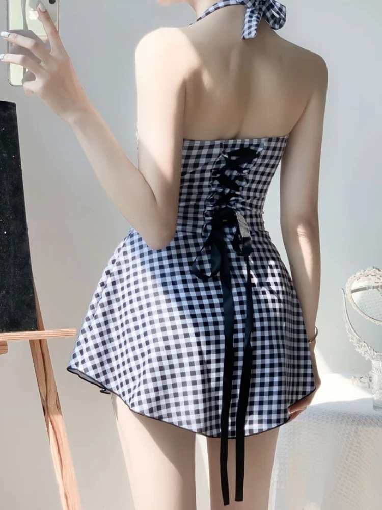 2026 New Women Backless One Piece Swimsuit Modest Plaid Lace Up Skirted Bathing Suit Tummy Control Slimming Beachwear