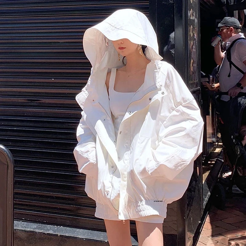 

White Jacket Basic Coats 2024 Summer Loose Large Size Female Windbreaker Jacket Harajuku Hooded Student BF Coats