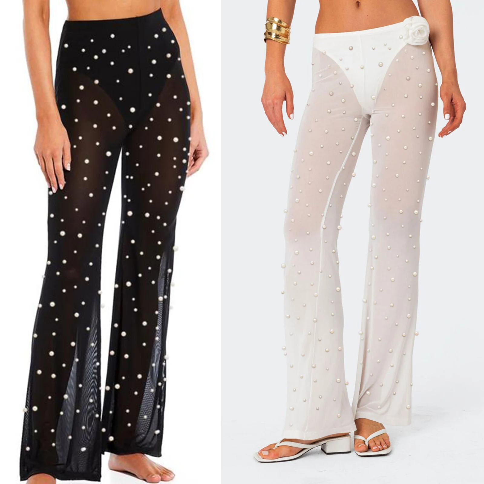 

Women Loose Pants Pearl Decor See-Through Elastic Waist Trousers Spring Summer Casual Sweatpants Bottoms Sexy Clubwear