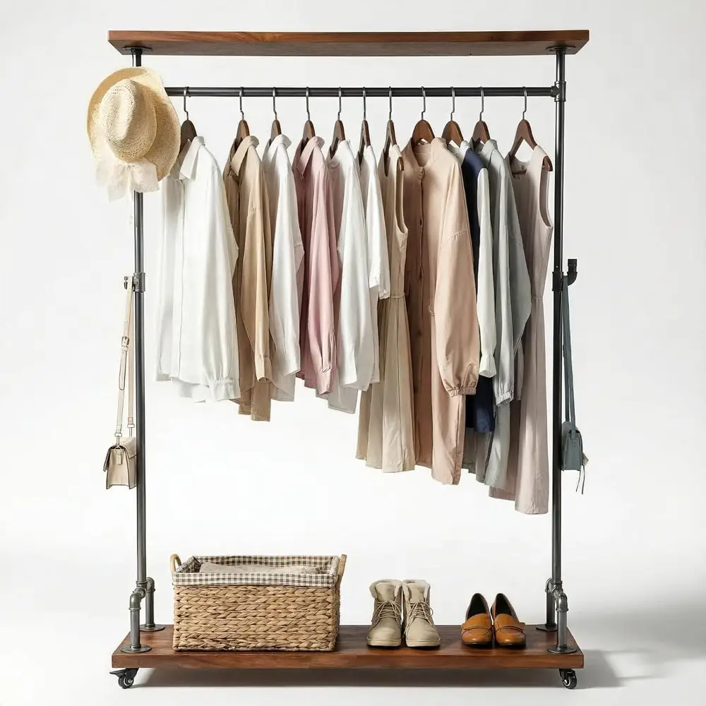 Portable Heavy-Duty Clothing Rack with Lockable Wheels, Shelves, and Shoe Storage