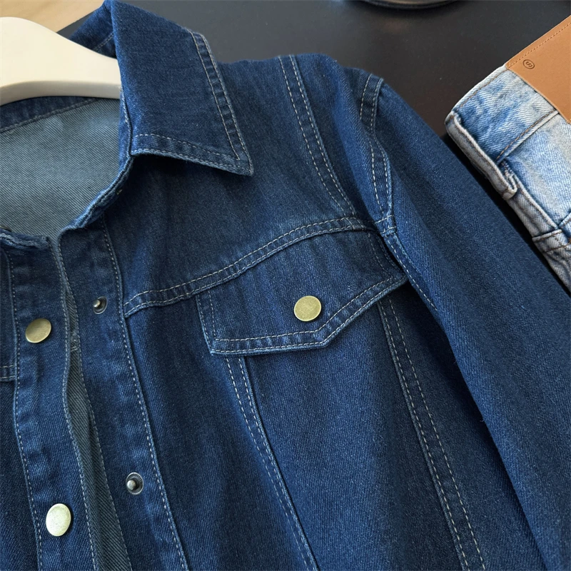 

Dark Blue Short Denim Jacket Women Spring Autumn 2025 New Loose Casual Lapel Single-Breasted Long Sleeve Female Cowboy Outerwear