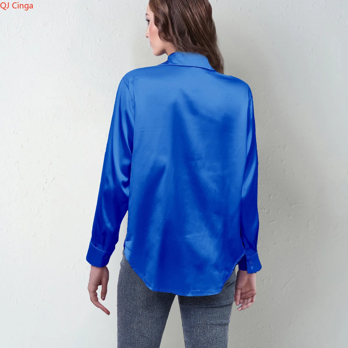 2026 New Women's Red Long-Sleeve Shirt Single-button Lapel Glossy Shirt Available in Green, Purple,Brown,Gray,White,Yellow,Blue.