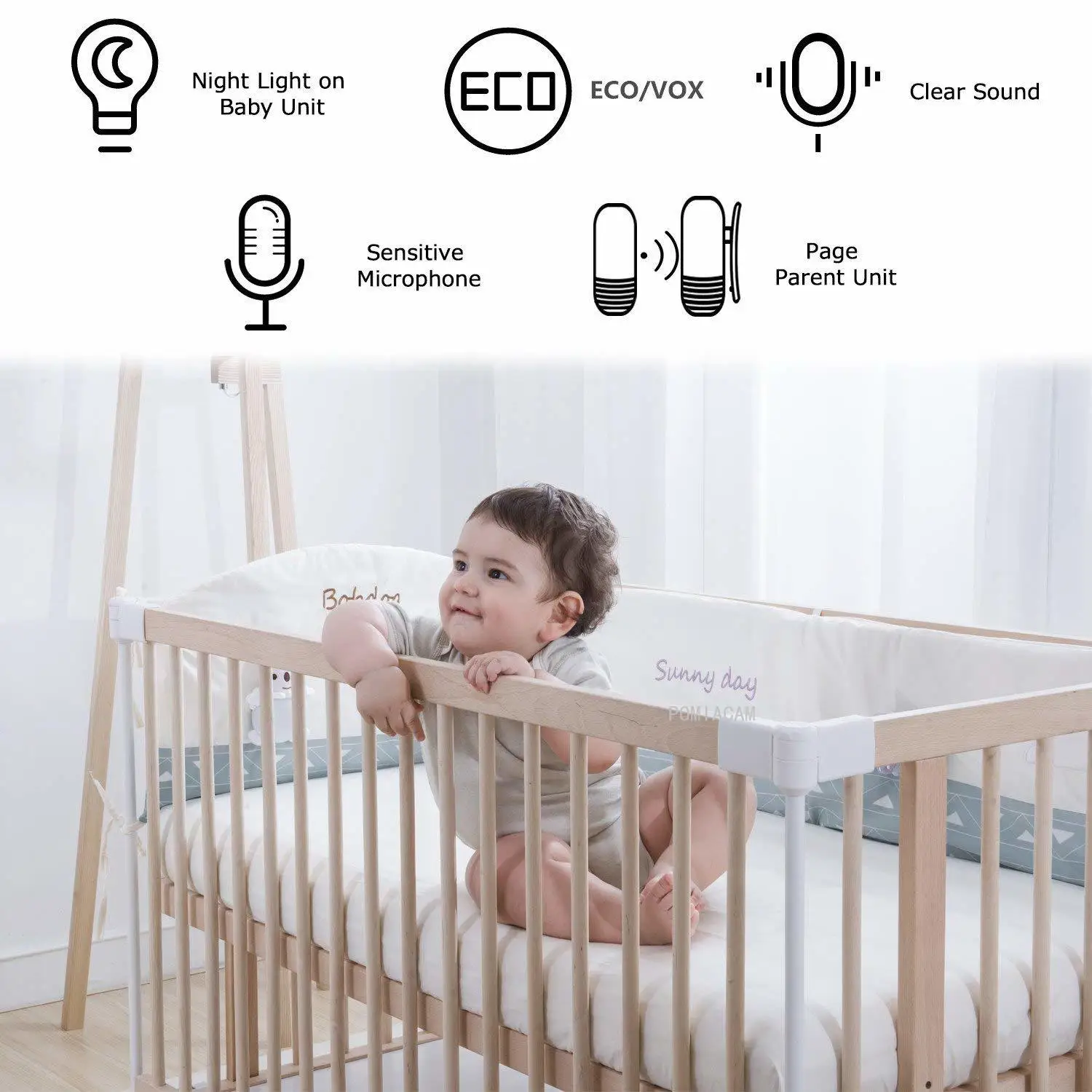 Baby Monitor Audio 2‑Way Talk VOX Mode Night Light 2.4G Wireless Baby Audio Monitor Rechargeable 20H Standby Portable DBM-8