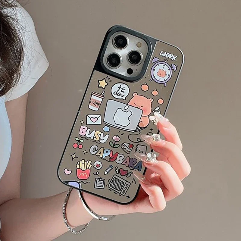 Funda de teléfono magnética con espejo de oso Panda de oficina para IPhone 11 12 13 14 15 16 Pro Max funda para IPhone 16 Pro Max
