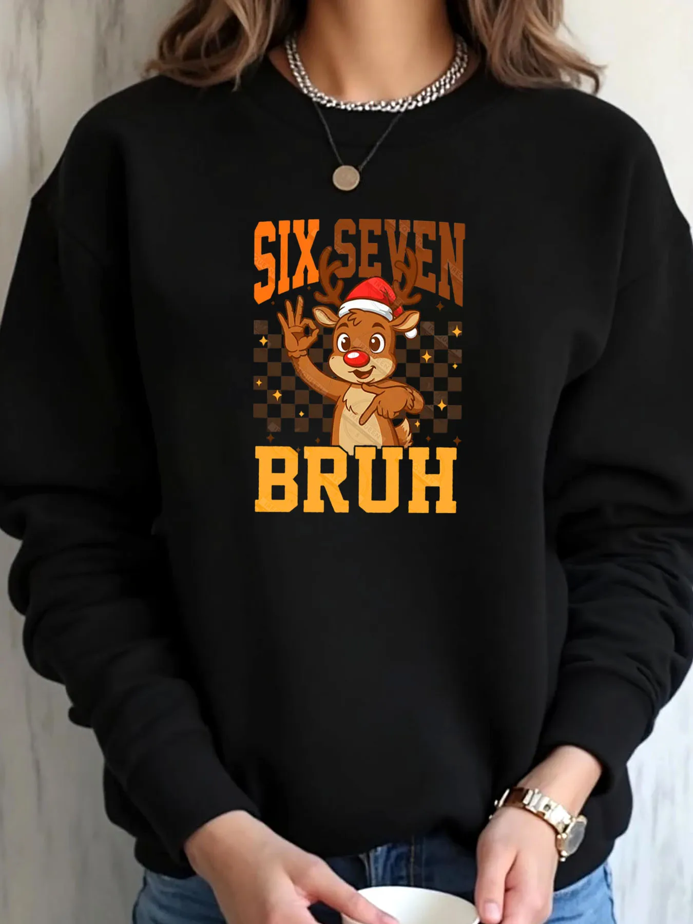 Damen Plus Size Sweatshirt Weihnachten Rentier Six Seven Bruh Print Outdoor Wear