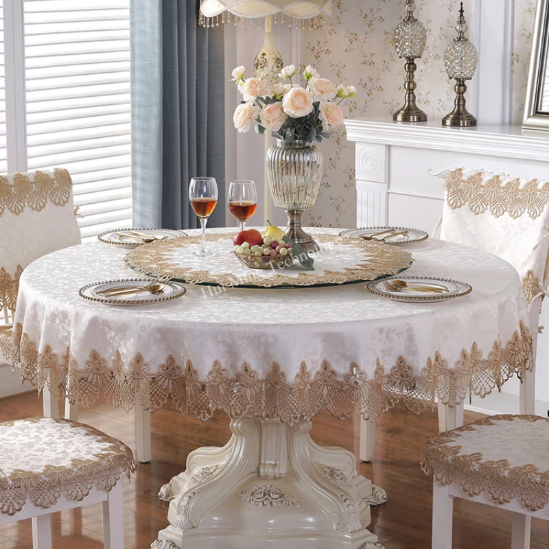 Round Tablecloth Light Cream Pastoral Table Cover Dining Table Cloths Turntable Folding Embroidery Lace Flower Towel Chair Cover